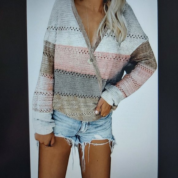 062. Multicolor Color Block Deep V Neck Wrap Sweater  Size M - Picture 2 of 14